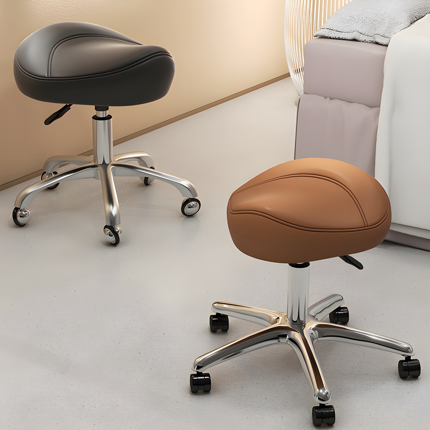 Height Adjustable Swivel Styling Chair in Silver Frame with Five Wheels