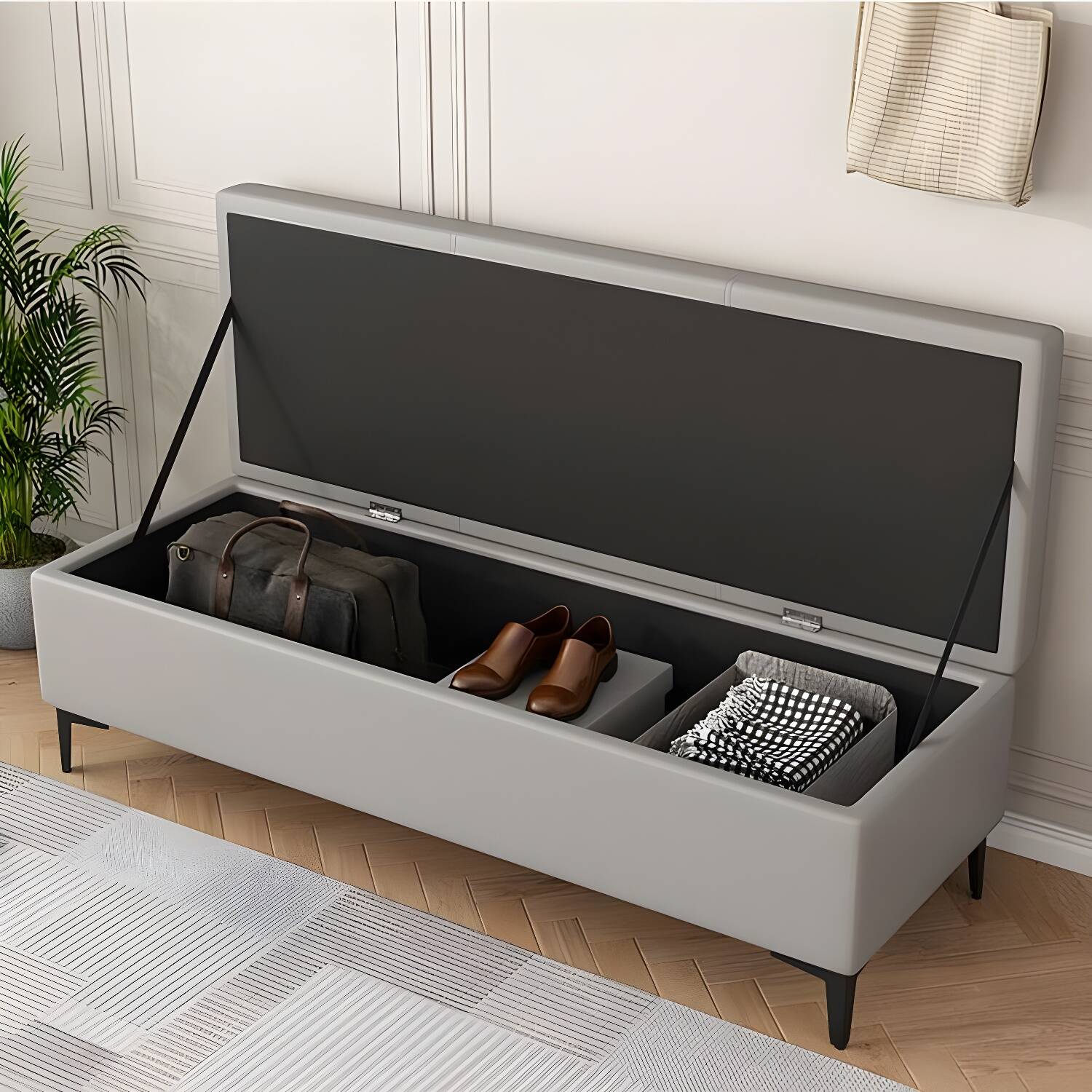 Modern Genuine Leather Storage Bench with Flip Top for Entryway