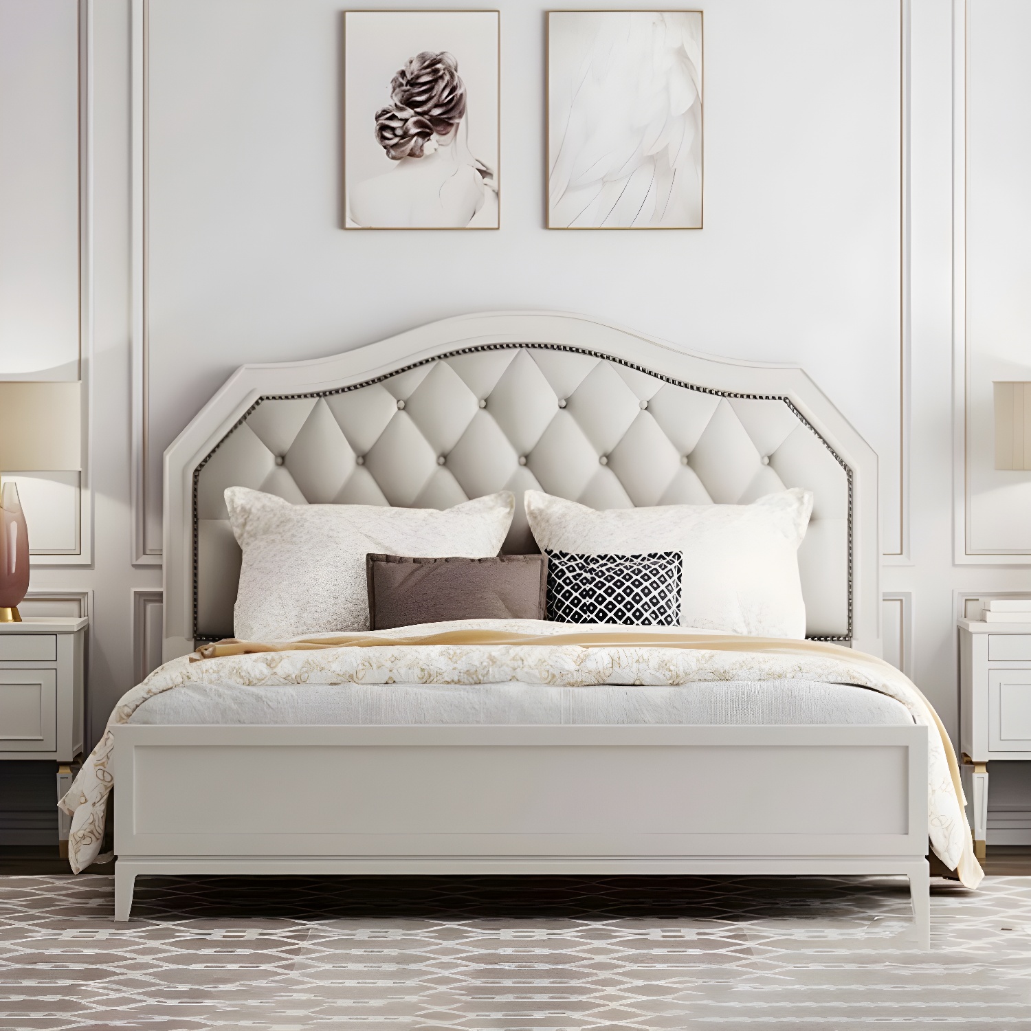 Glam Style Mattress Not Included Wood Bed with Arch Button-tufted Headboard for Bedroom