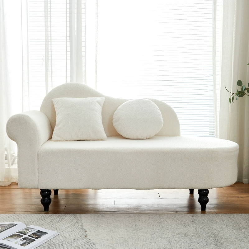 Modern Chaise Lounge with Rolled Arm, Sherpa Upholstered and Black Legs