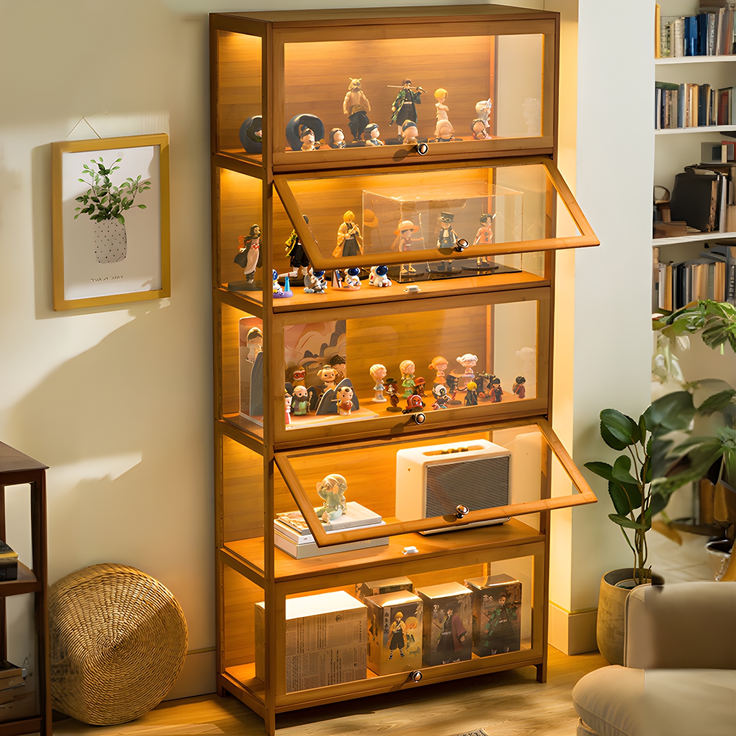 Modern Bamboo Frame Curio Cabinet with Acrylic Doors for Home Use