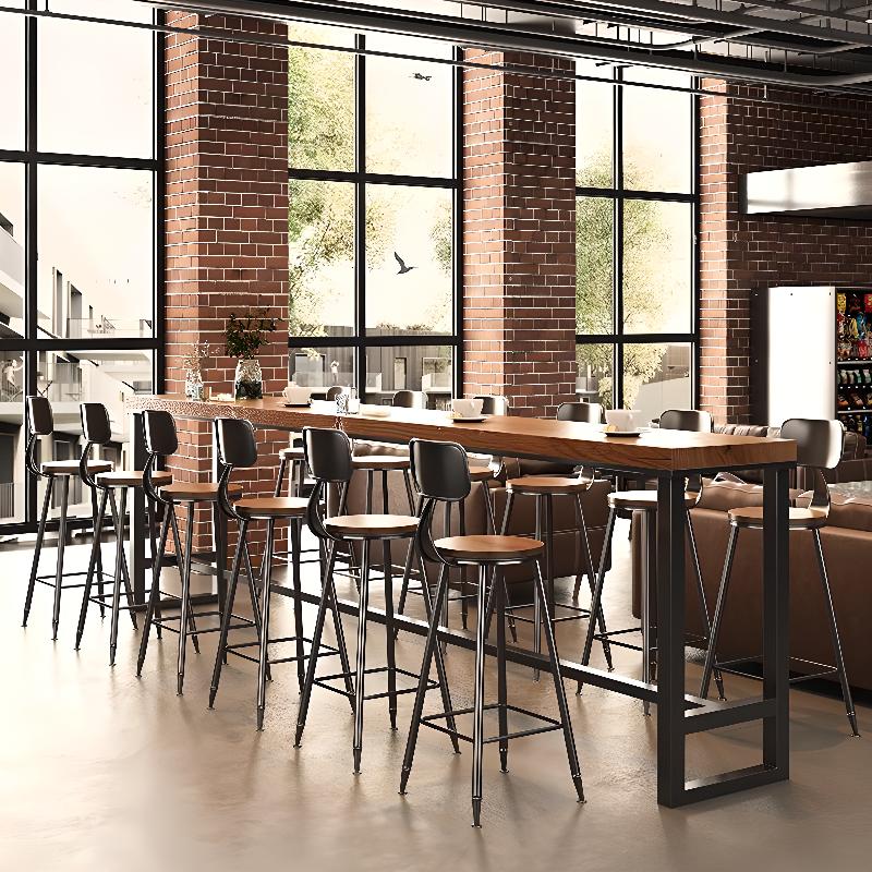 Solid Wood Rectangle Top Bar Height Table with Metal Trestle Base