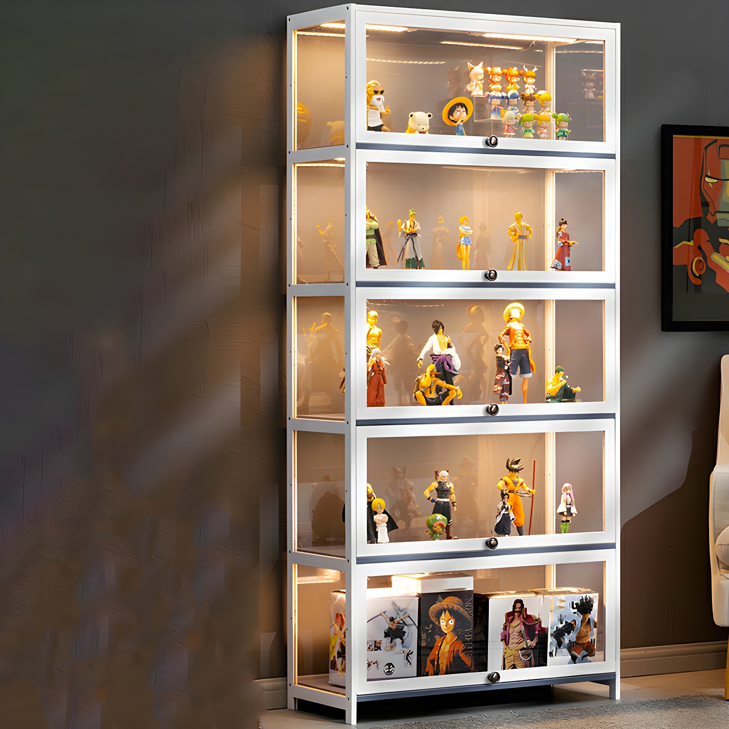 Modern Living Room Bamboo Frame & Acrylic Door Curio Cabinet in White