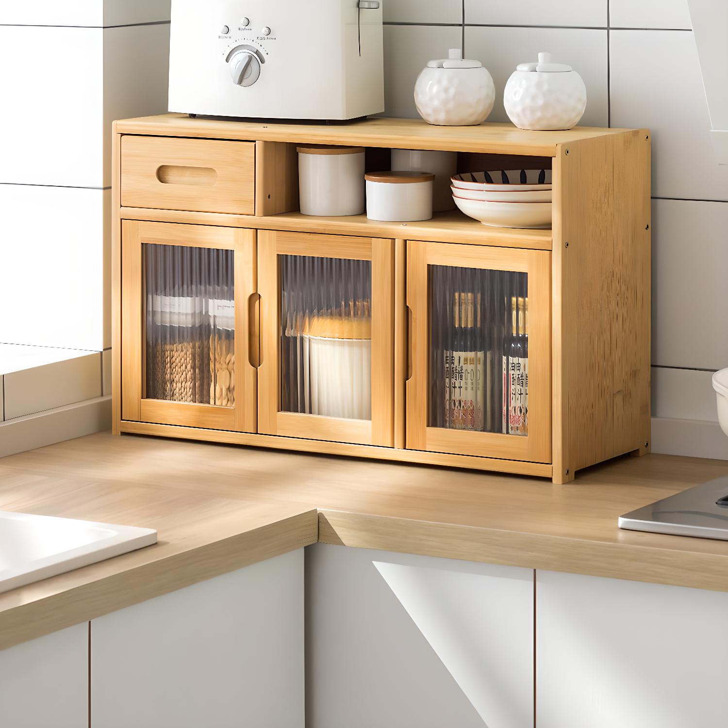 Bamboo Modern Acrylic Door Kitchen Hutch Cabinet with Open Storage and Drawer