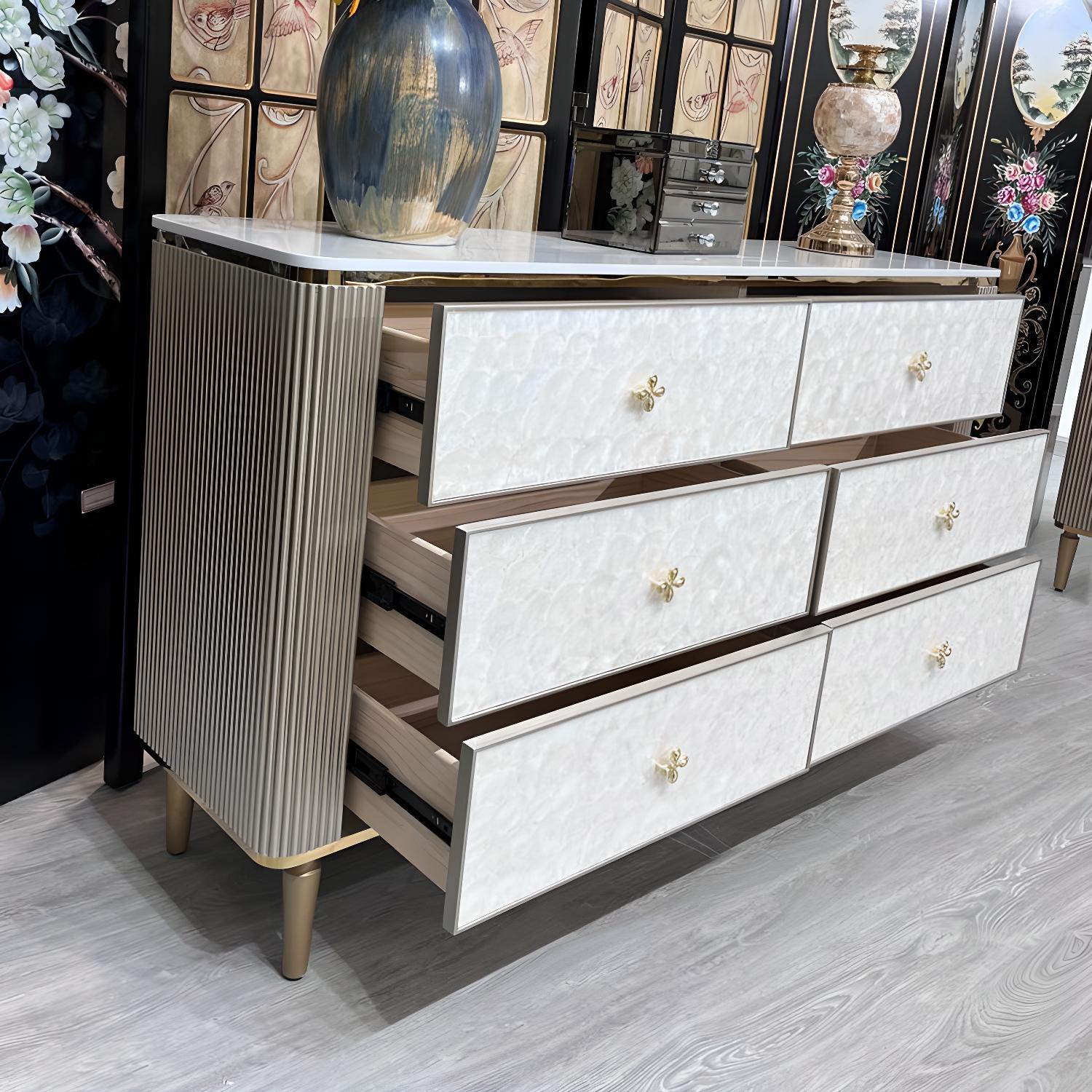 Glam Natural Wood Frame Seashell Double Dresser/Lingerie Chest/Combo Dresser