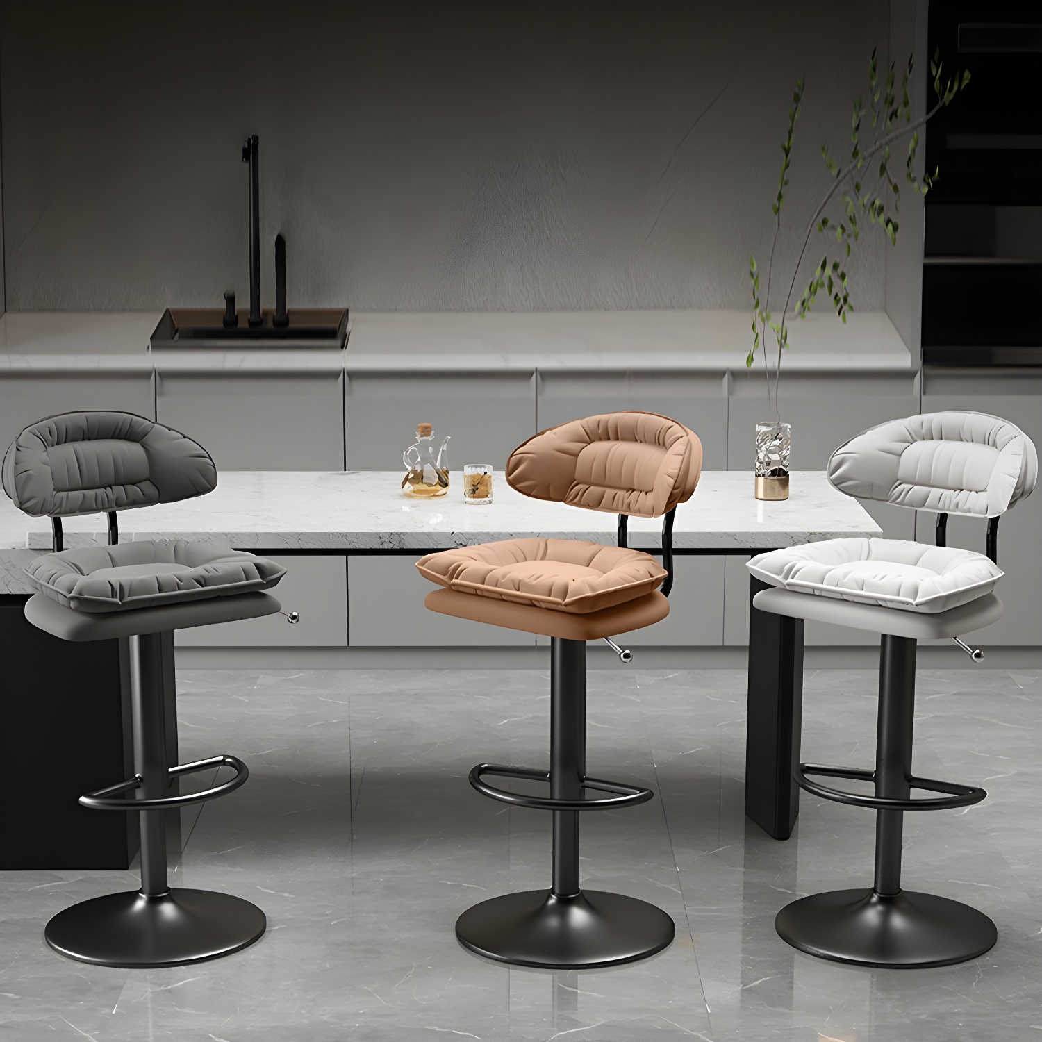 Swivel Upholstered Adjustable Height Barstool with Metal Base for Home