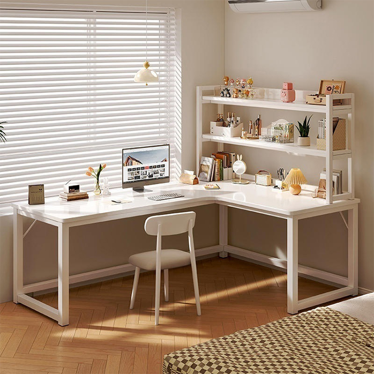 White L-Shape Writing Desk with White Wooden Top for Home Office
