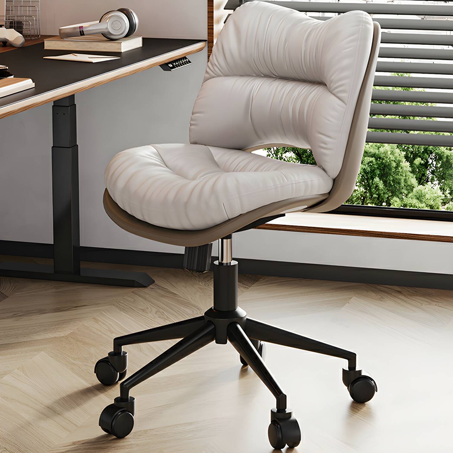 18" L Armless Leather Task Chair with Black Swivel in Steel Frame