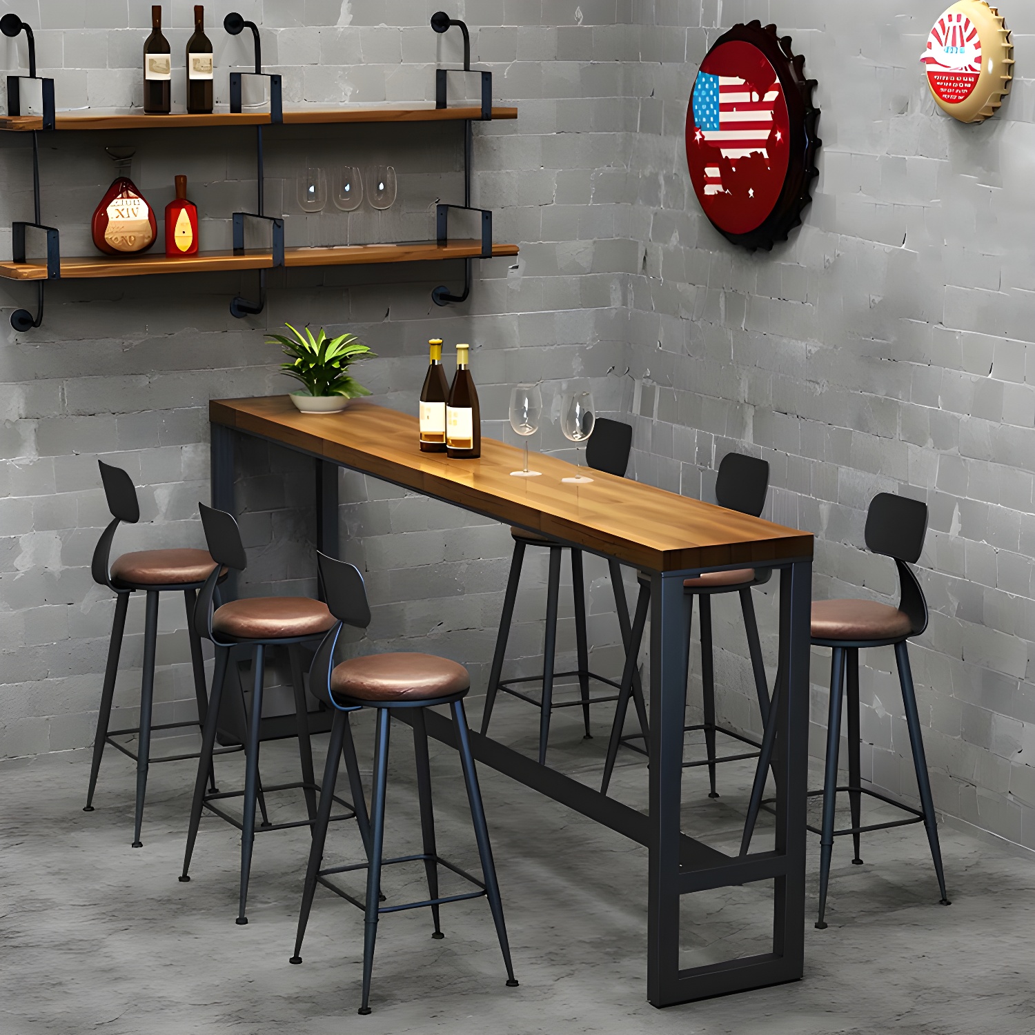 Industrial Solid Wood Rectangular Bar Height Table with Metal Trestle Base