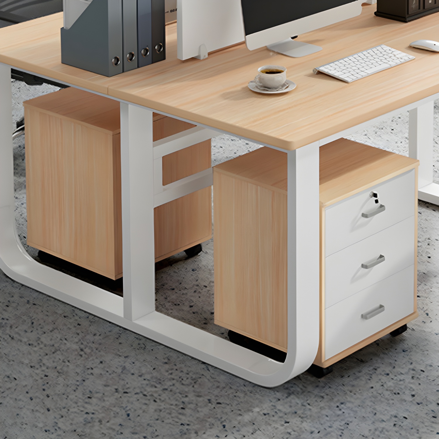 Modern Wooden Cabinet with Locking Drawer and Black Wheels for Home Office