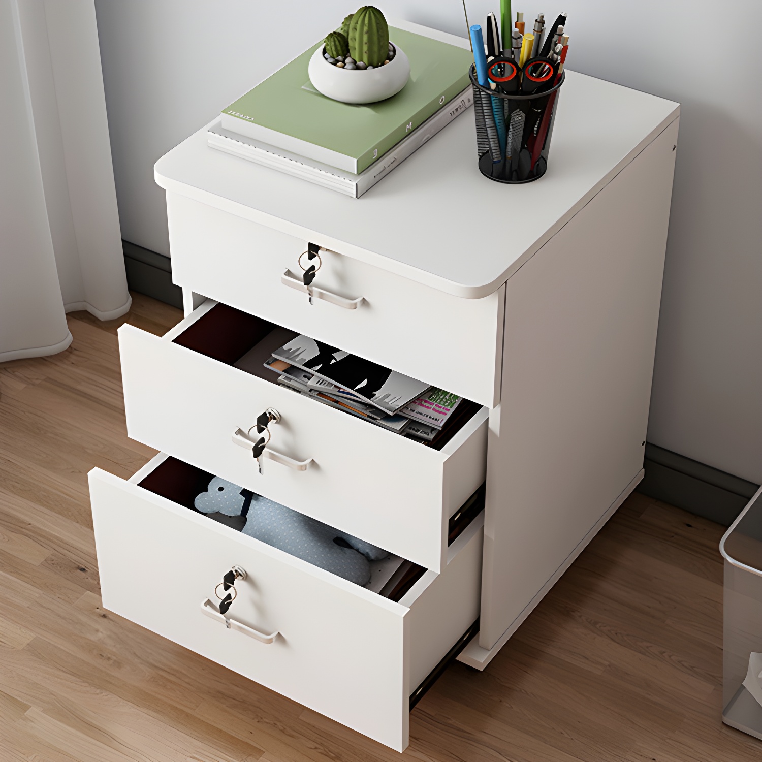 16" Wide Wooden Filing Cabinet with Drawers and Wheels for Home Office