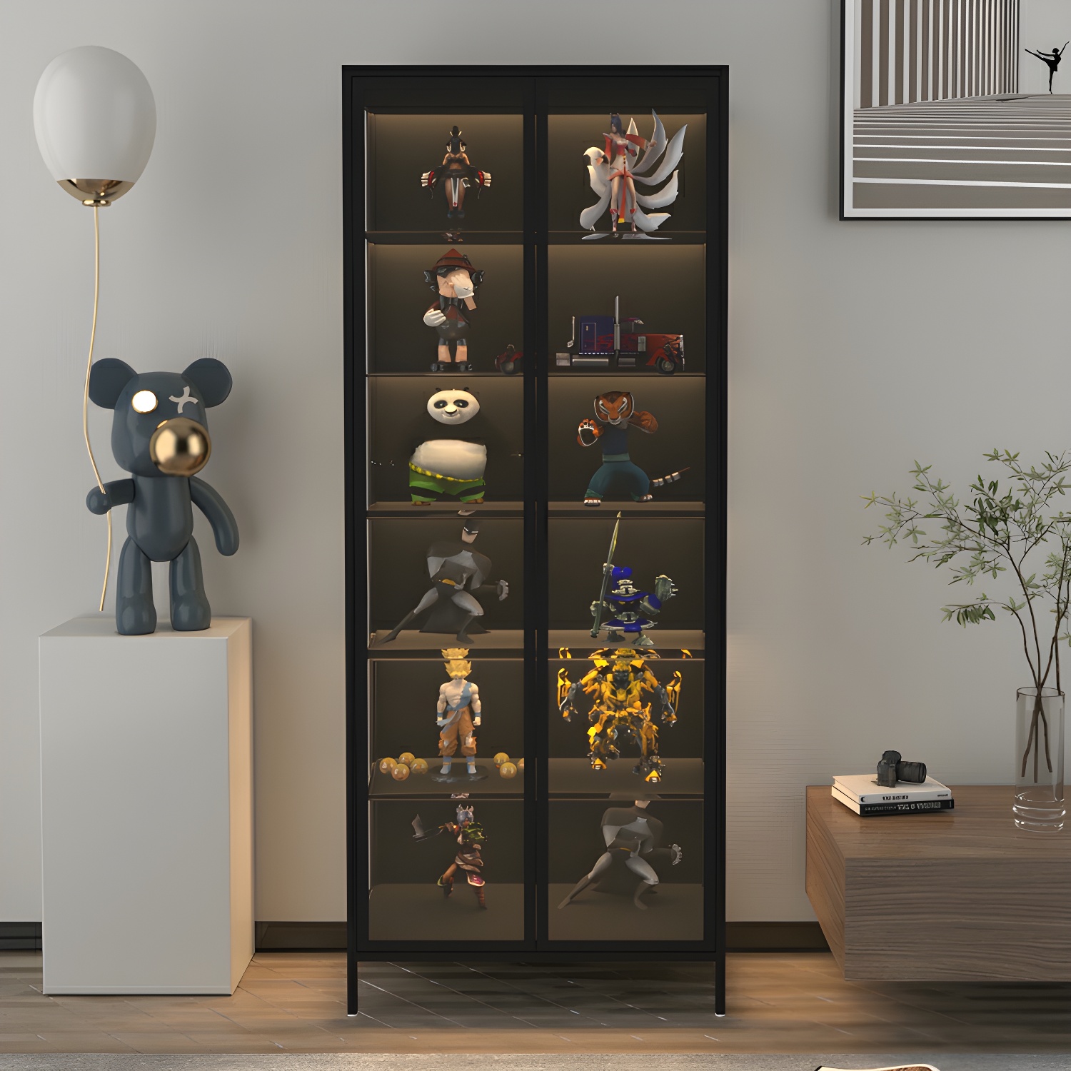 Steel Modern Glass Door Curio Cabinet with Adjustable Shelving