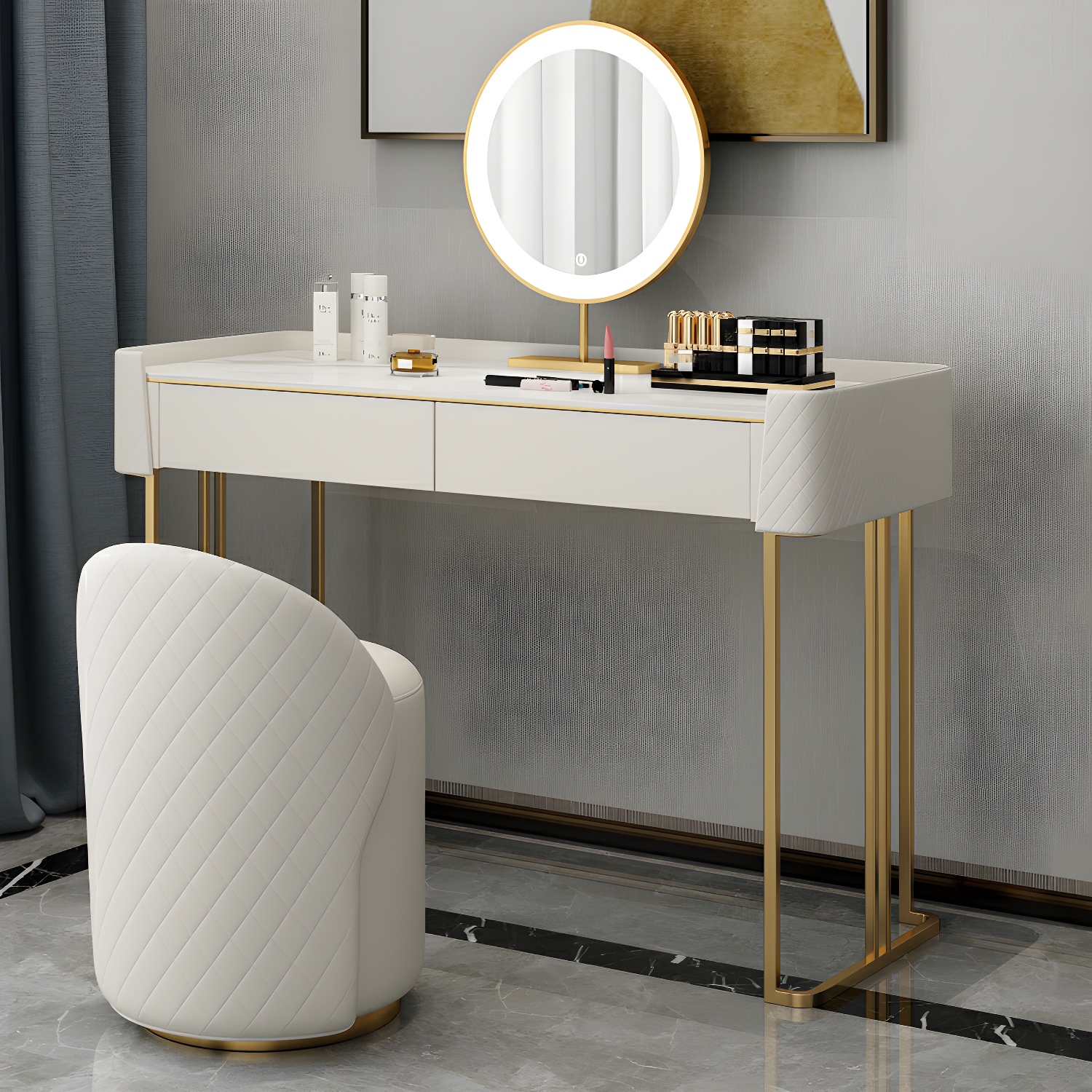 Modern Style Rectangular Stone Tabletop Dressing Table for Bedroom with Double Base