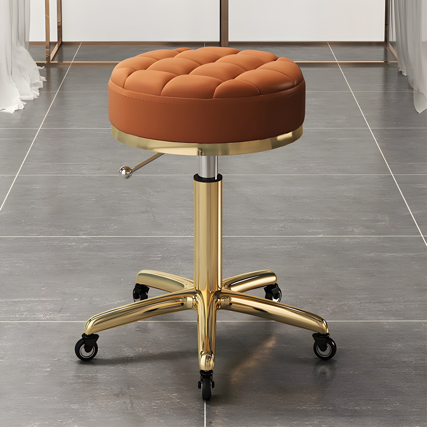 Gold Finished Base, Leather Upholstered Styling Chair with Tufted Seat