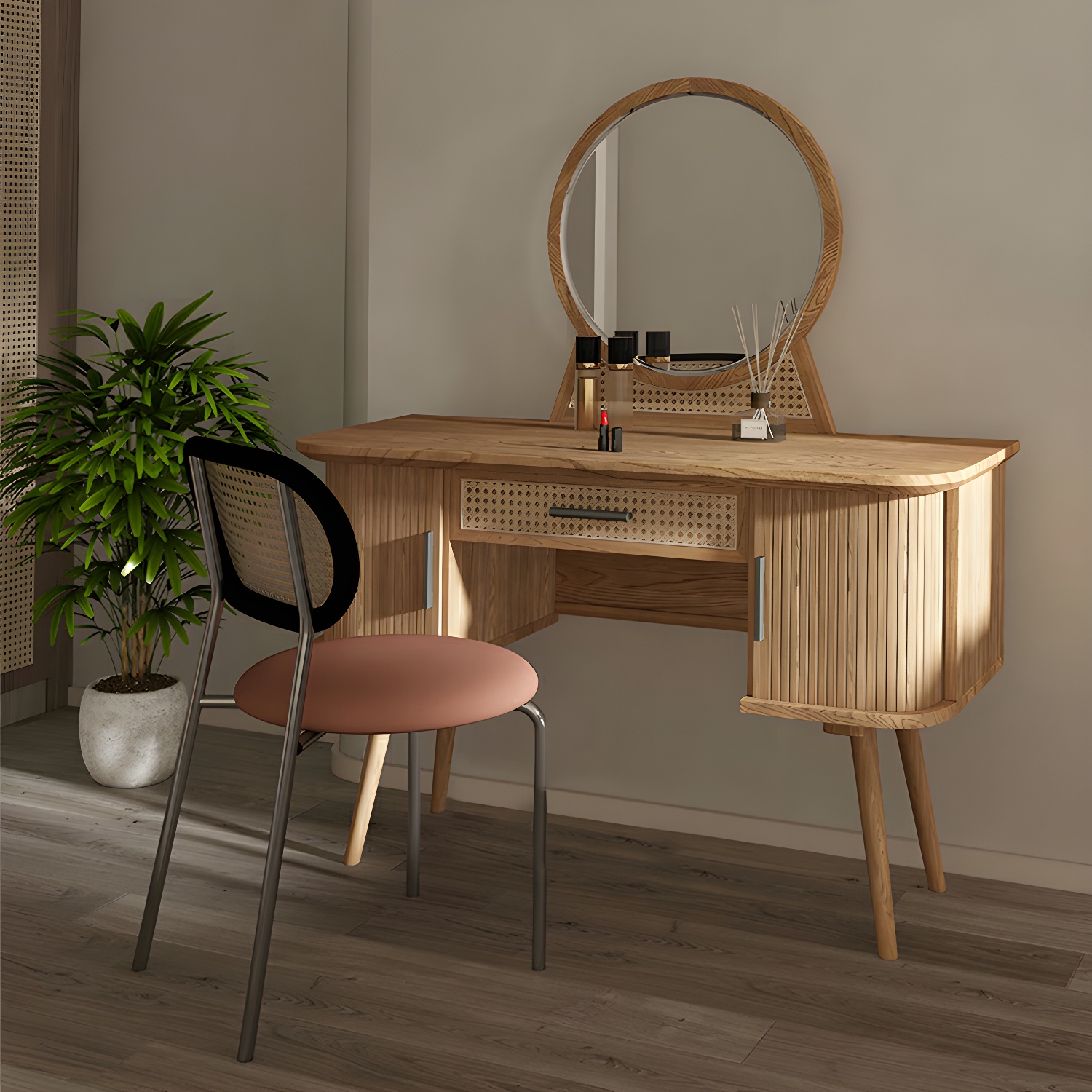 Ash Wood Rectangle Dressing Table with Rattan Chairs and Drawers