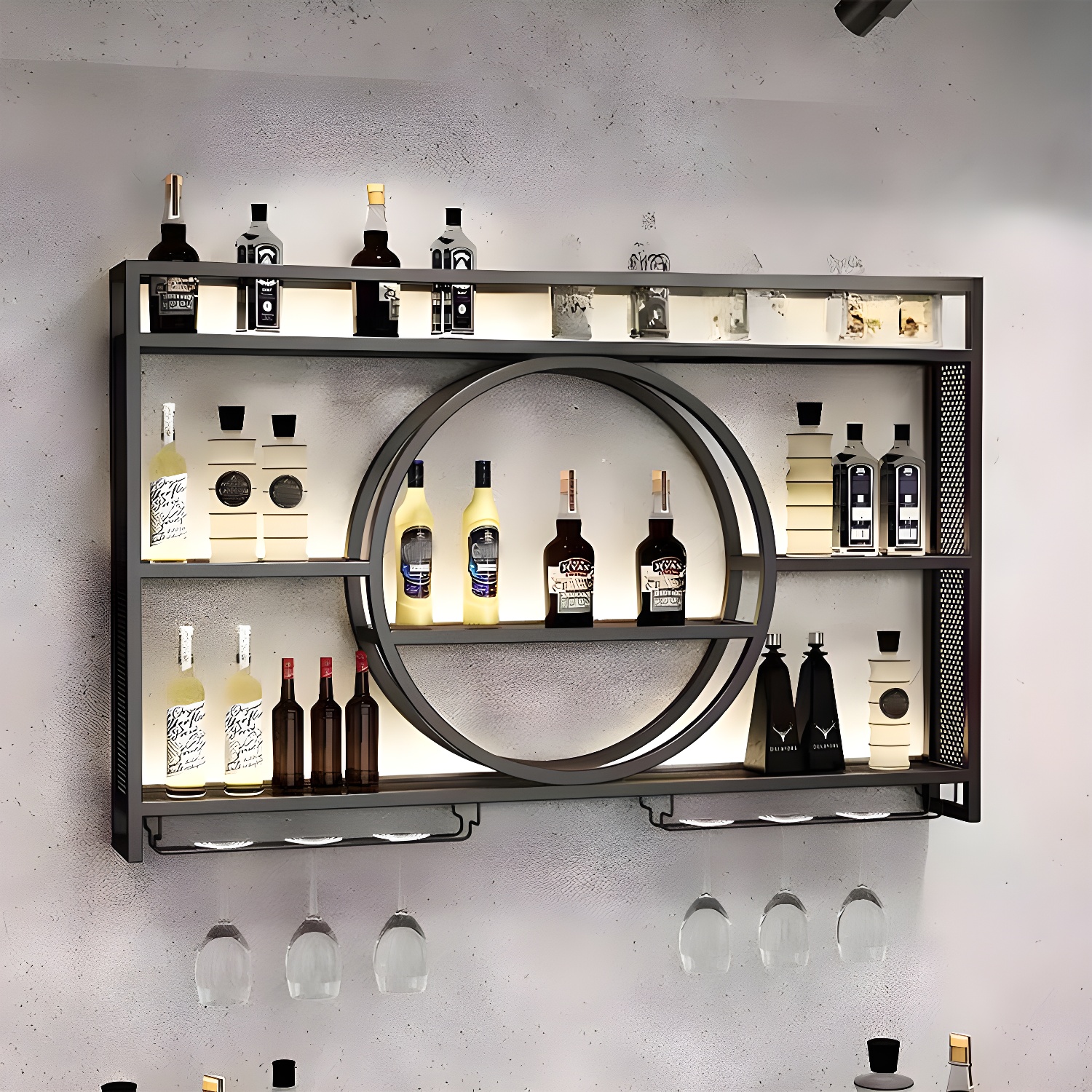 Metal Wall Mounted Wine Holder Rack with Glass Holder & Storage Shelf