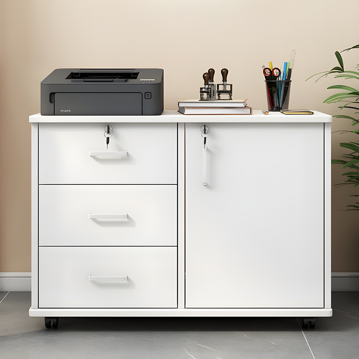 13" Wide Mobile Cabinet with Black Wheels and Key Lock in Modern Style