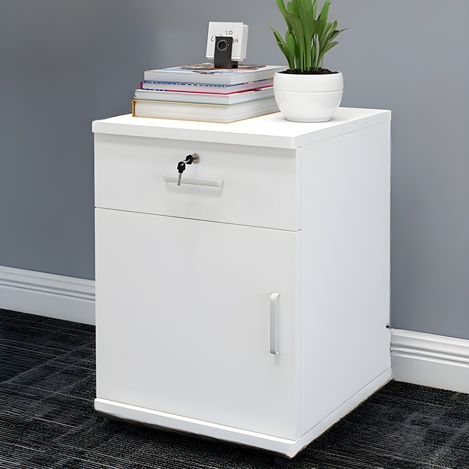 Art Deco Timber Lateral Filing Cabinet Swivel Wheels 1 Shelf Soft Close Key Lock