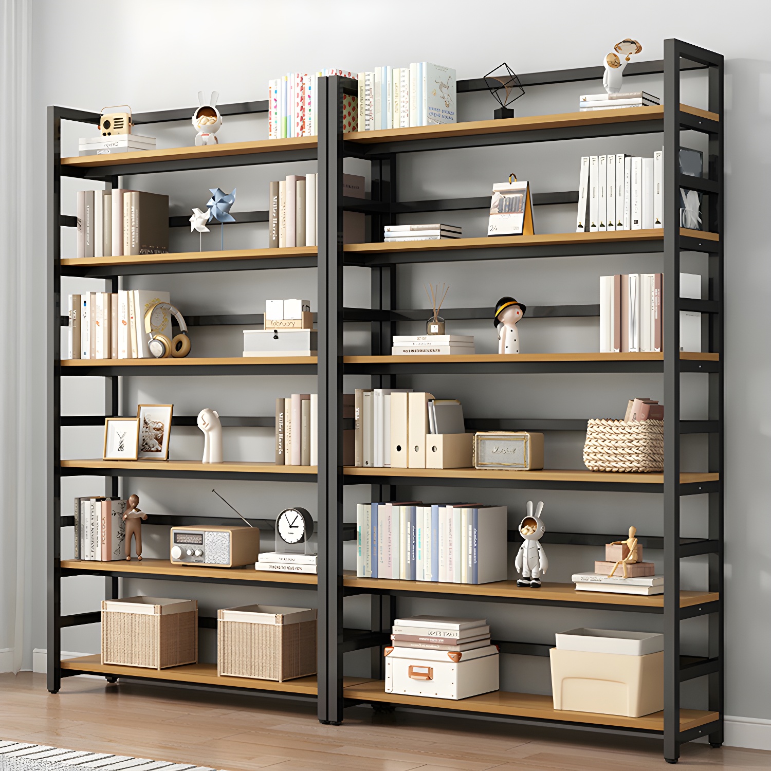 Contemporary Metal Display Stand with Wooden Shelves and Open Storage