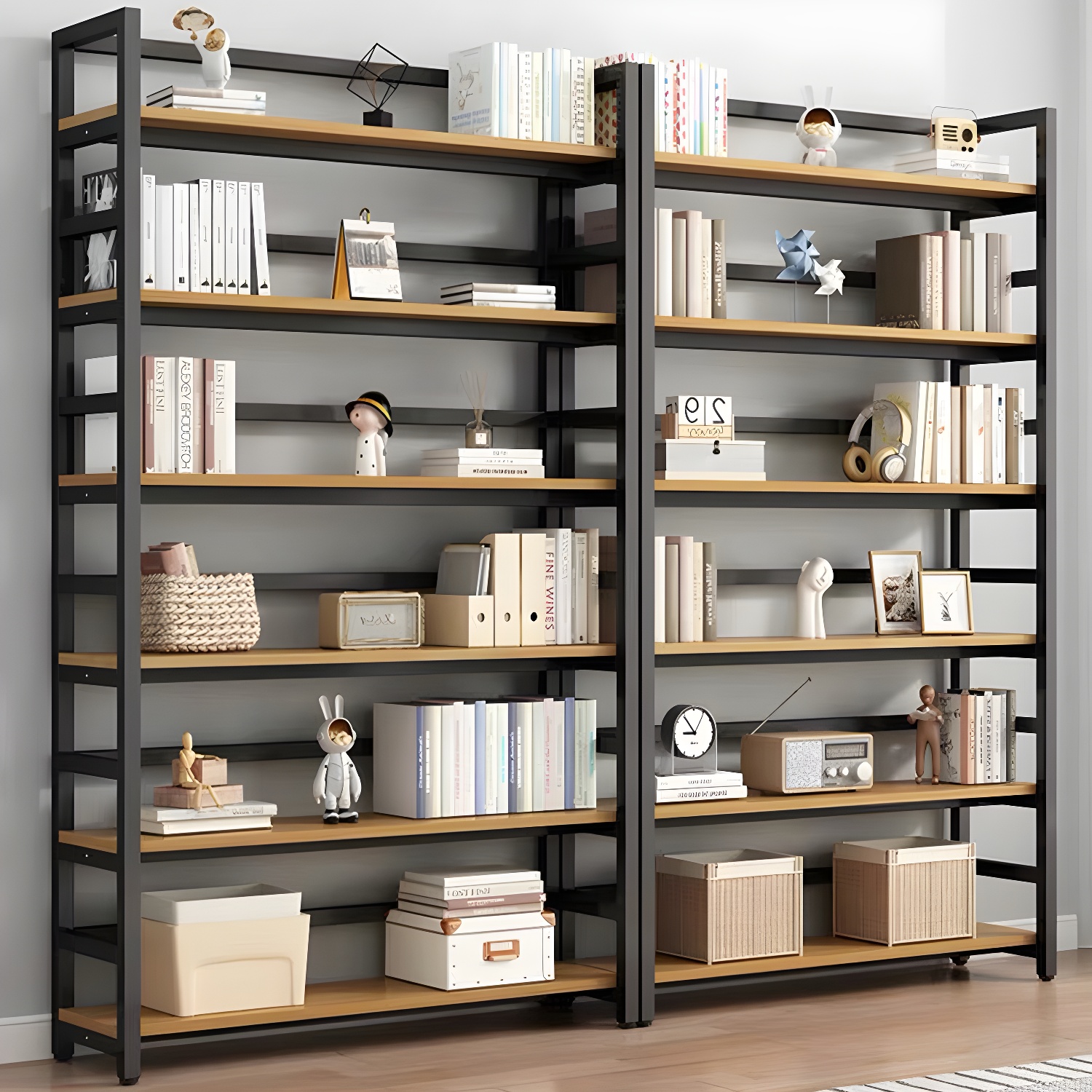 Modern Metal Display Stand with Wooden Shelves and Open Storage