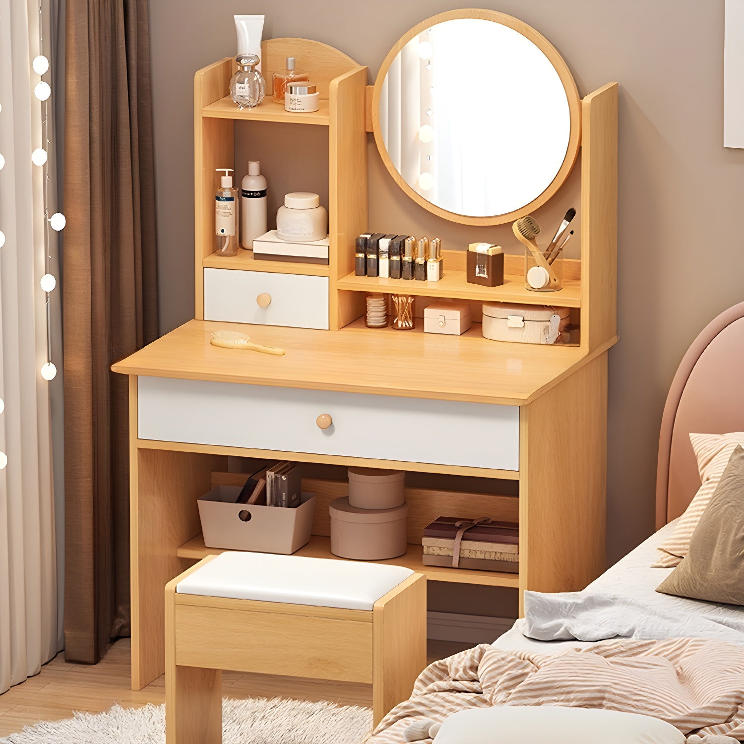 Bedroom Push-Pull Floor Vanity No Built-in Dressing Table with Tabletop Storage and Vanity Table Top