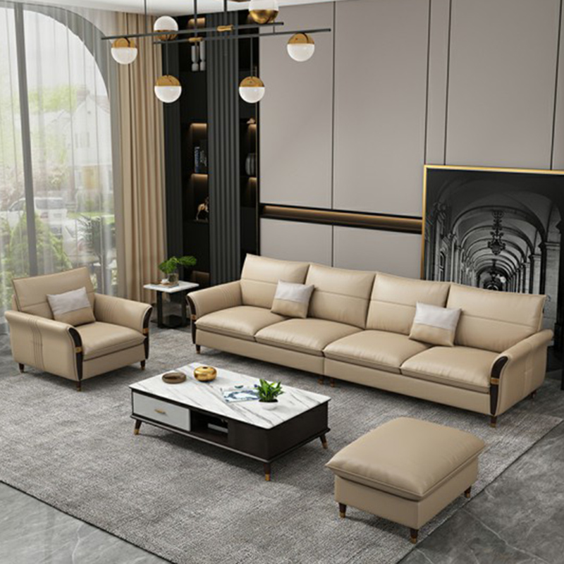 Modern Genuine Leather Sofa & Chaise with Flared Arm and Pillow Back