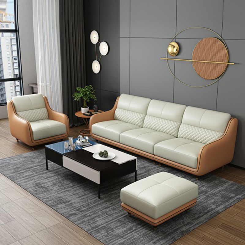 Modern Leather Sofa & Right Hand Facing Chaise in Cream with Sloped Arms