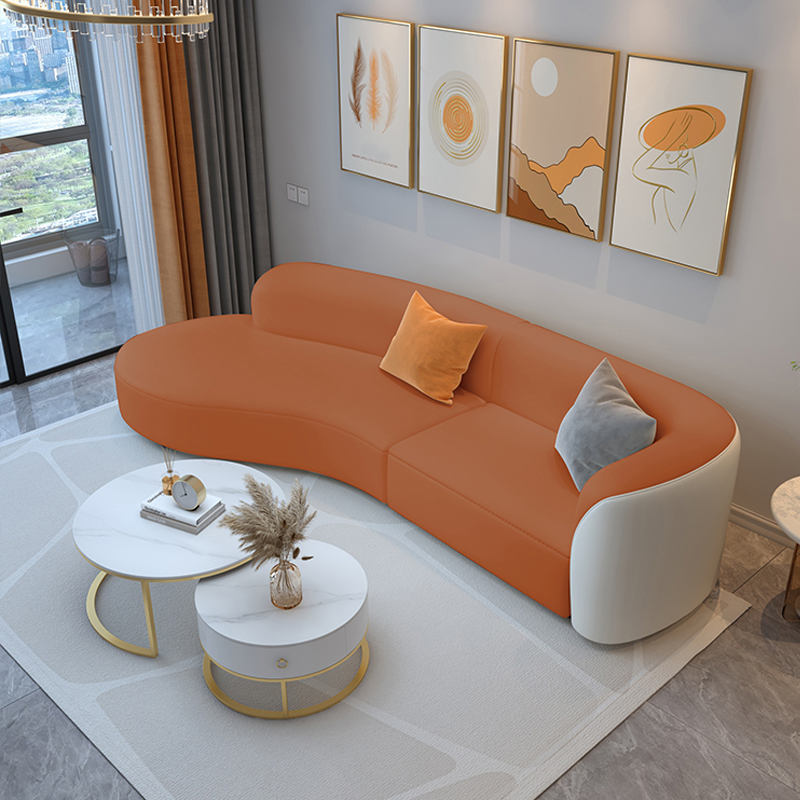 Orange Curved Right Hand Facing Corner Sectional with Concealed Support for Living Space