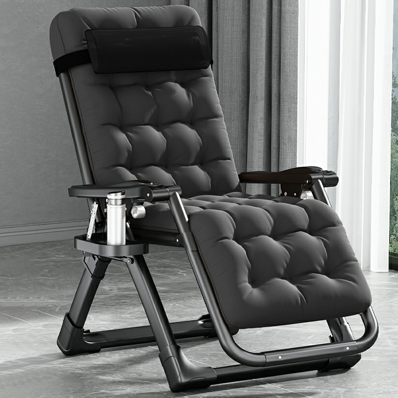 Modish Folding Metal Recliner Armchair in Black with Removable Cushion , Cup Holder and Solid Colour