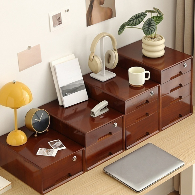Horizontal Filing Cabinet in Natural Wood with Key Lock and Smallest Drawers in a Modern Style