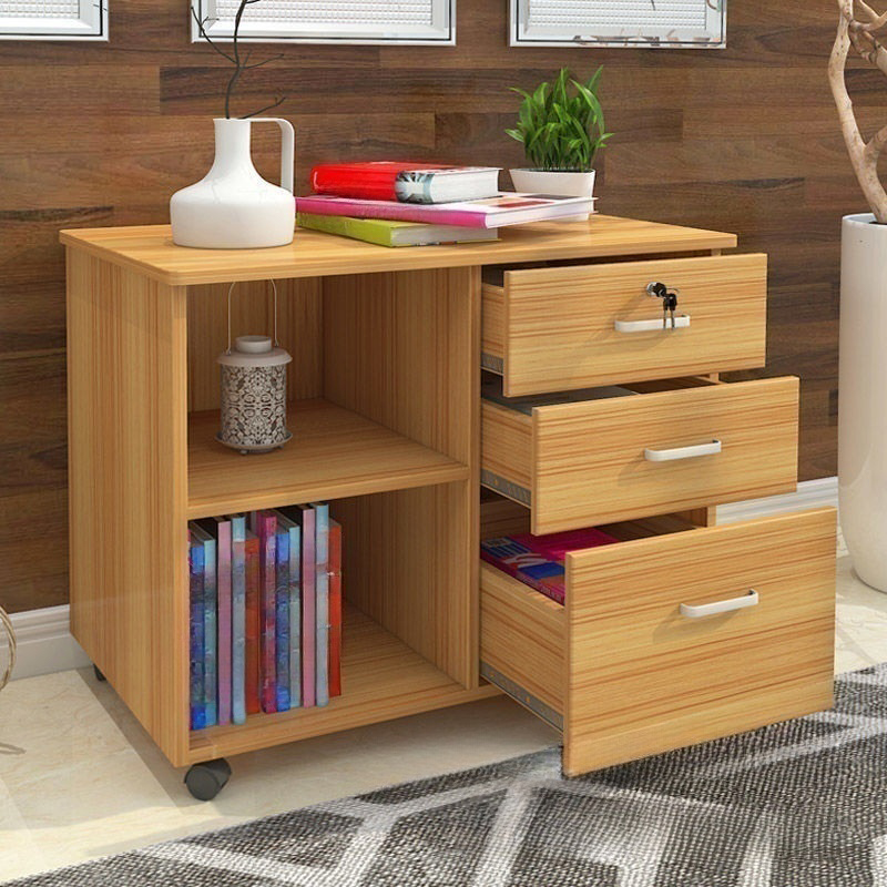 Free Standing Lateral Filing Cabinet in Natural Wood with Casters, Key Lock, Smallest Drawers and 1 Shelf/2 Shelves/3 Shelves in an Art Deco Style