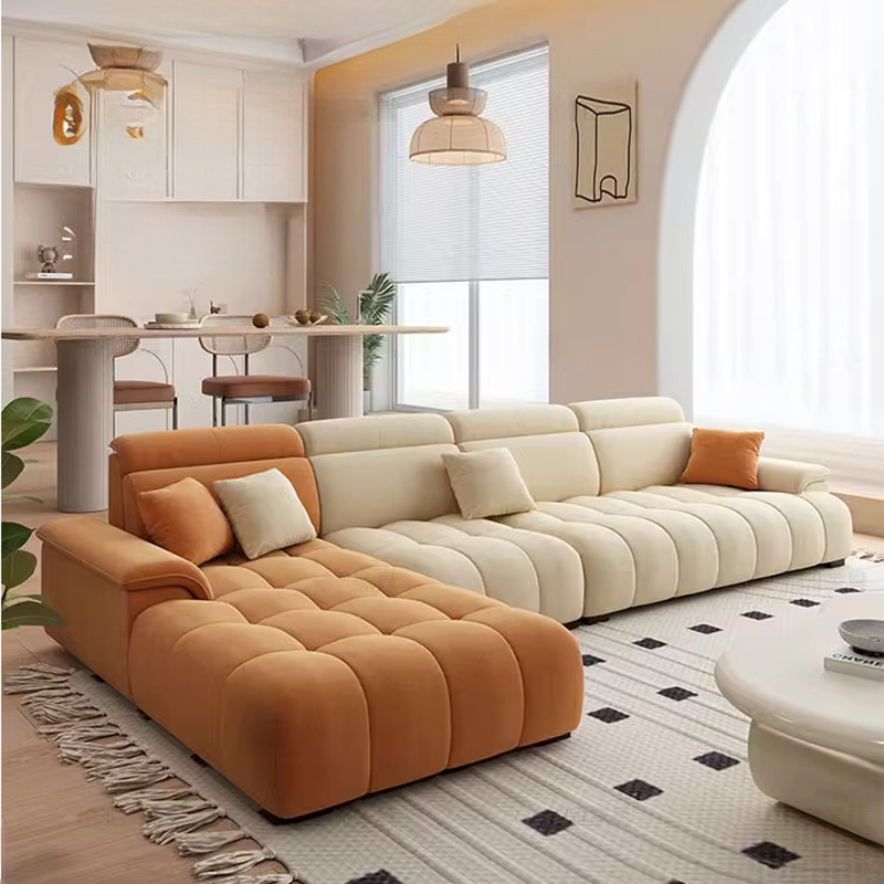 Pine Wood Straight/L-Shape Horizontal/Left Hand Facing Sofa Couch /Sofa Chaise, Orange Tufted