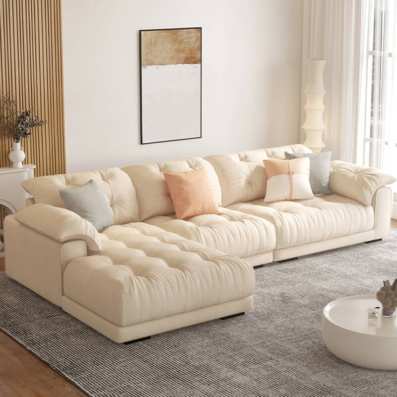 Tufted L-Shape Sofa Chaise in Cream with Concealed Support and Pine Frame