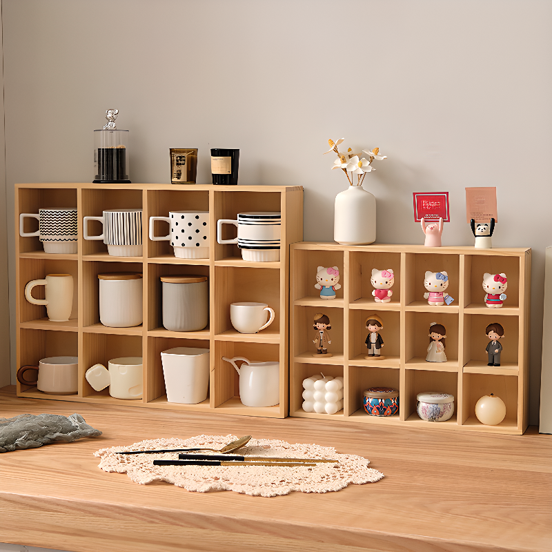 Freestanding Display Stand in Wood with Open Storage and Functional Storage Cabinet for Living Room