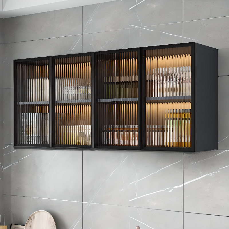 Glass Doors Solid Wood Wall Mount Display Stand with 2 Shelves for Small Kitchen in a Modish Style