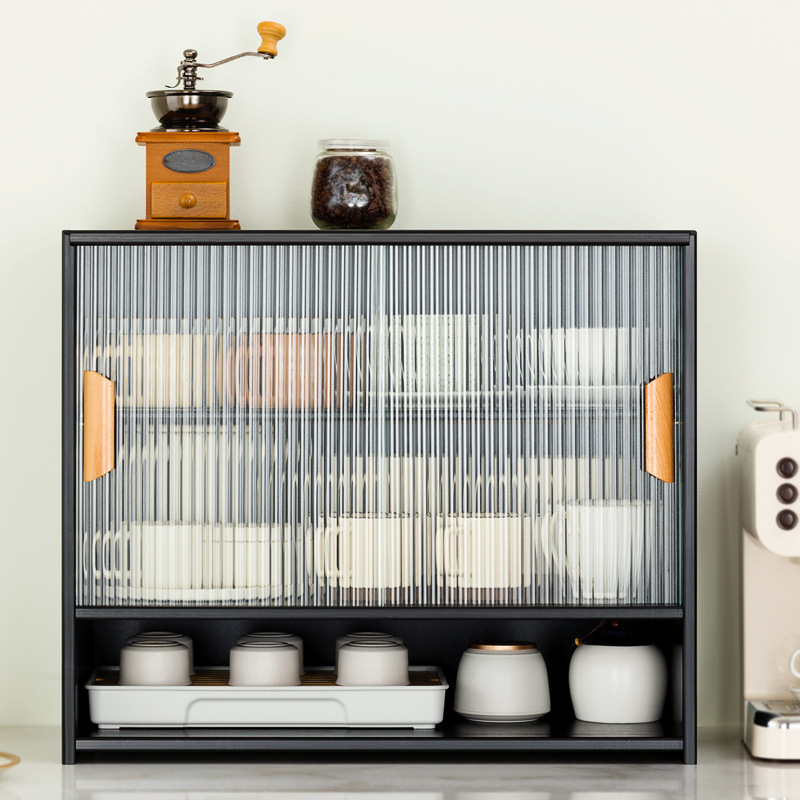 Embossed Glass Door Freestanding Cubitac Accent Cabinet with Bamboo Storage and Kitchen Appliance Storage