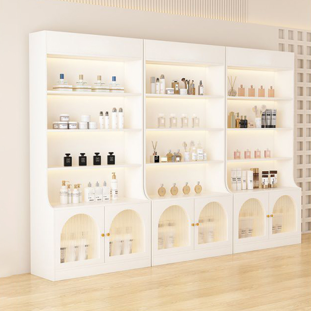 Fitted Detached Ground Display Stand in Wood with 5 Shelves, Locker and Open-air Storage in a Trendy Style