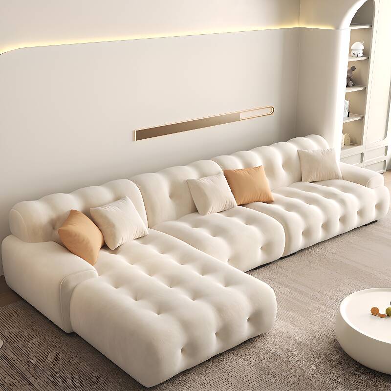 Stitch-tufted L-Shape/Straight Left/Horizontal Sofa Chaise/Sofa Couch with Tufted Back & Concealed Support, Natural Wood Frame