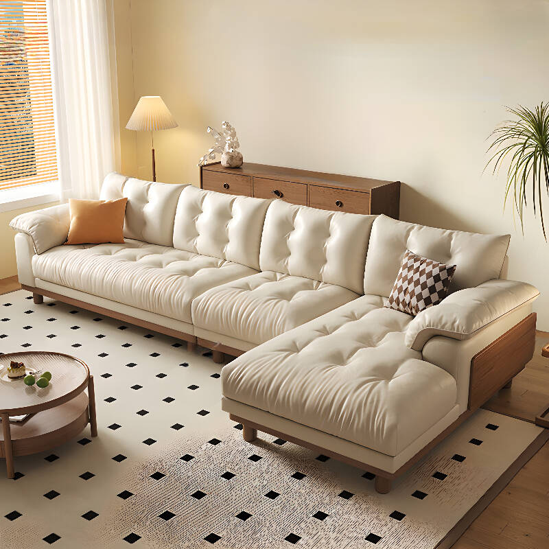 Nordic L-Shape/Straight Right/Horizontal Button-tufted Sofa Chaise/Sofa Couch in Cream with Tufted Back and Natural Wood Frame