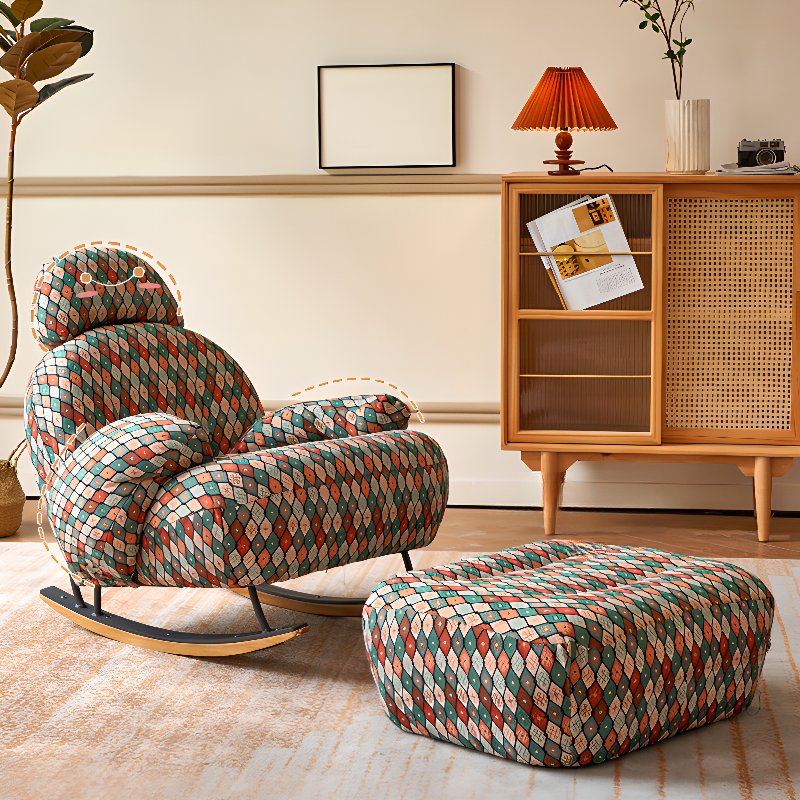 Rocking Chair Couch with Round Arm, Ottoman, Rear Back, Stationary