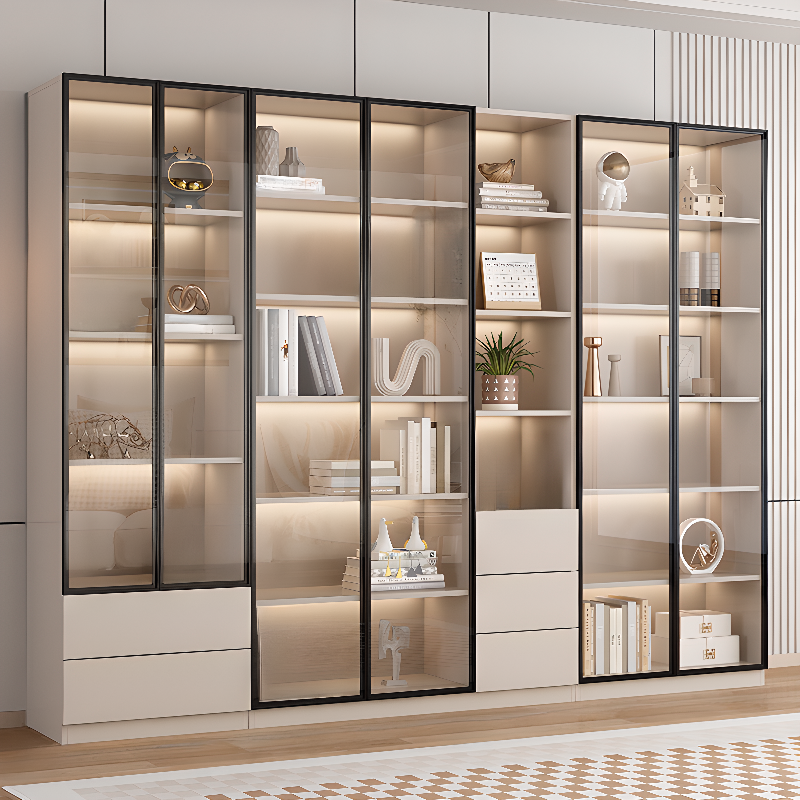 Flooring Slab Curio Cabinet in Natural Finish with Locker and 10 Shelves/6 Shelves/14 Shelves