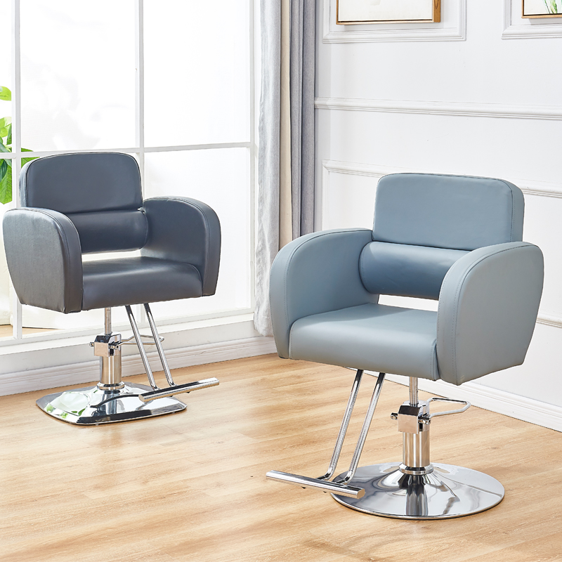 Stylish Styling Chair with Swivel Movement, Square/Circular Shape, Solid Colour Pattern, Solid Back Panel, Grey/Cerulean/Auburn Upholstery, Stainless Steel Frame, and Footrest