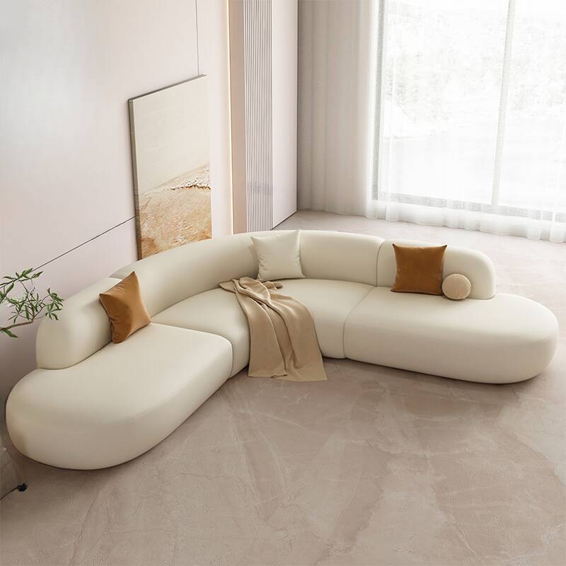 Symmetrical/Horizontal L-Shape/Straight Leather/Sherpa Upholstered Corner Sectional/Sofa Couch in Soft-white for Sitting Room with Backrest for Seats 7/6-seater/5-seater in a Casual Style, Size 250 x 250 x 64 cm, Upholstery Material Leather- OZ-Home-Hub