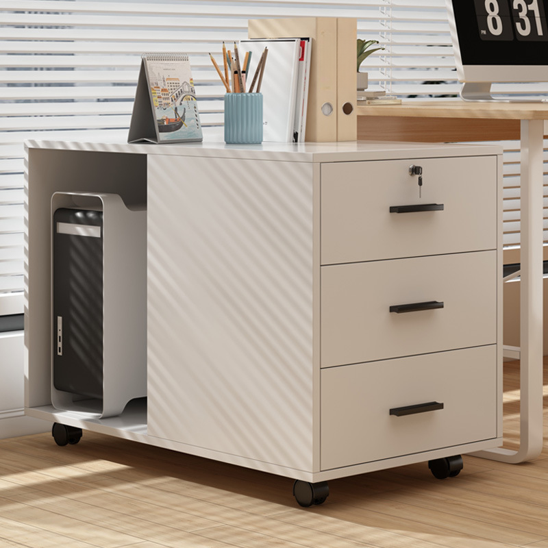 Art Deco Timber Free Standing Vertical Filing Cabinet with Swivel Wheels, 3 Drawers, and Key Lock