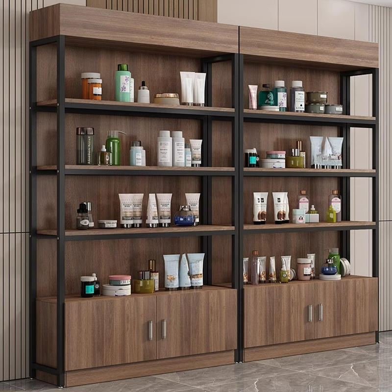 Sepia Slab Display Stand with Stockroom Storage, 5 Shelves, Exposed Storage, and Detached Design