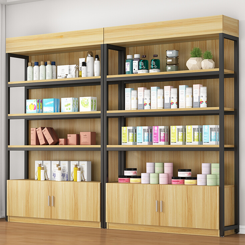 Detached Wood Grain Slab Display Stand with Unenclosed Storage, 5 Shelves/6 Shelves/7 Shelves and Locker