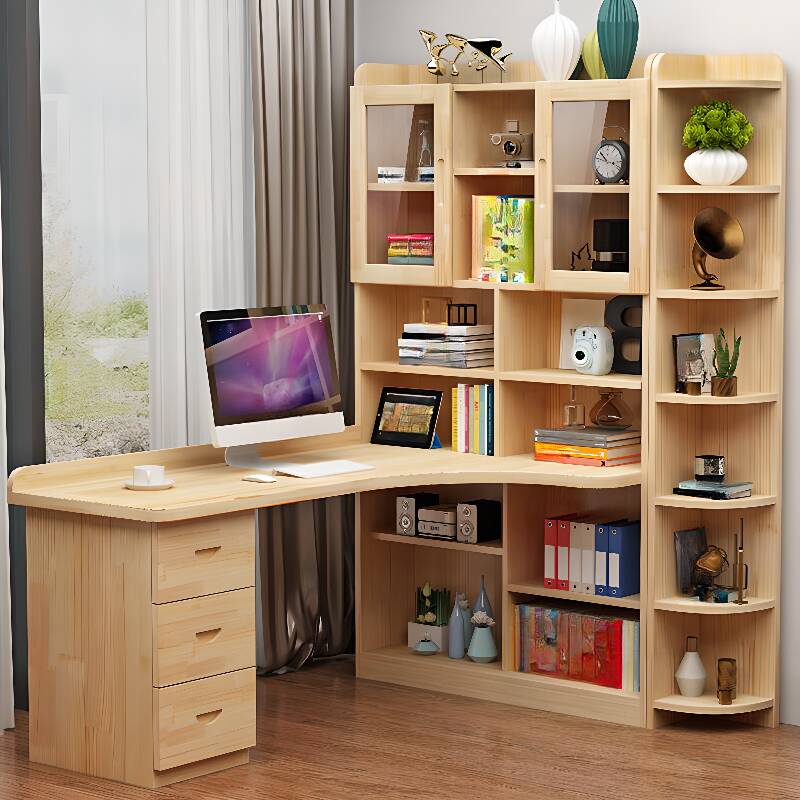 Pine Wood Work Desk with Locking Drawer, Desk Return, Side Storage, and Butcher Block Desk