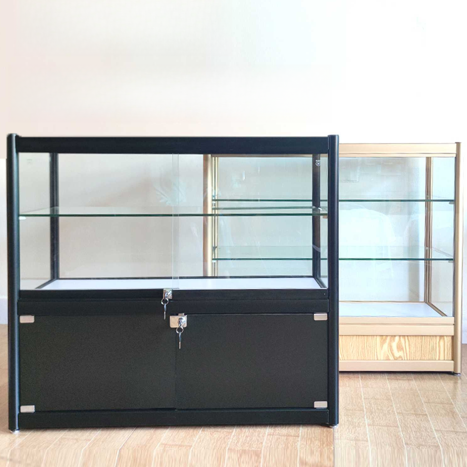 Metal Floor Display Stand with 3 Shelves, Sealed Cabinet, Glass-panel Door