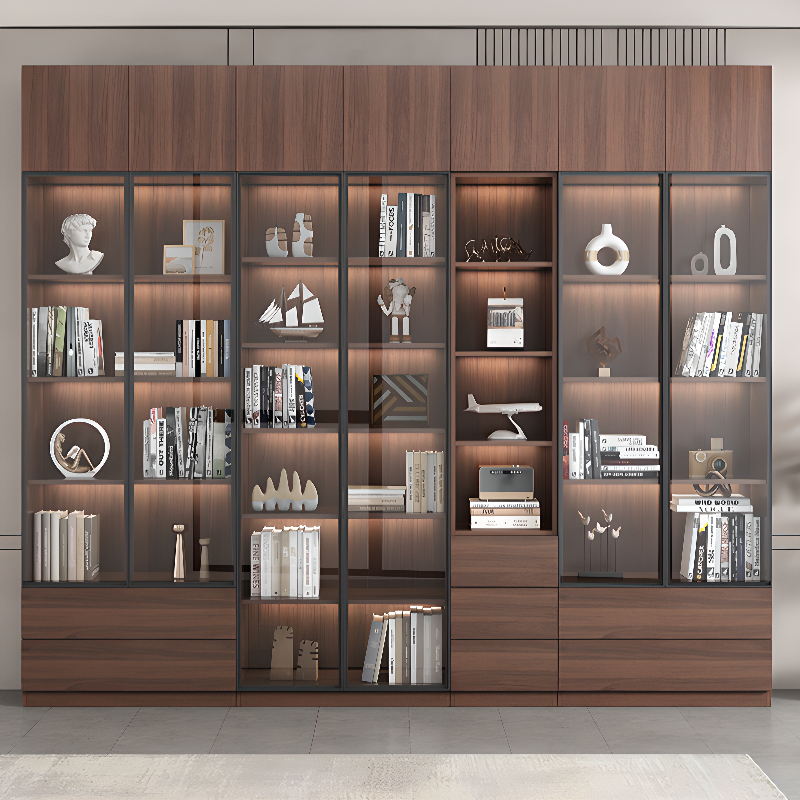 Solid+Engineered Wood Display Stand in Amber Wood with Compartment Drawers, 6 Shelves, Independent and Encased, Flush Overlay