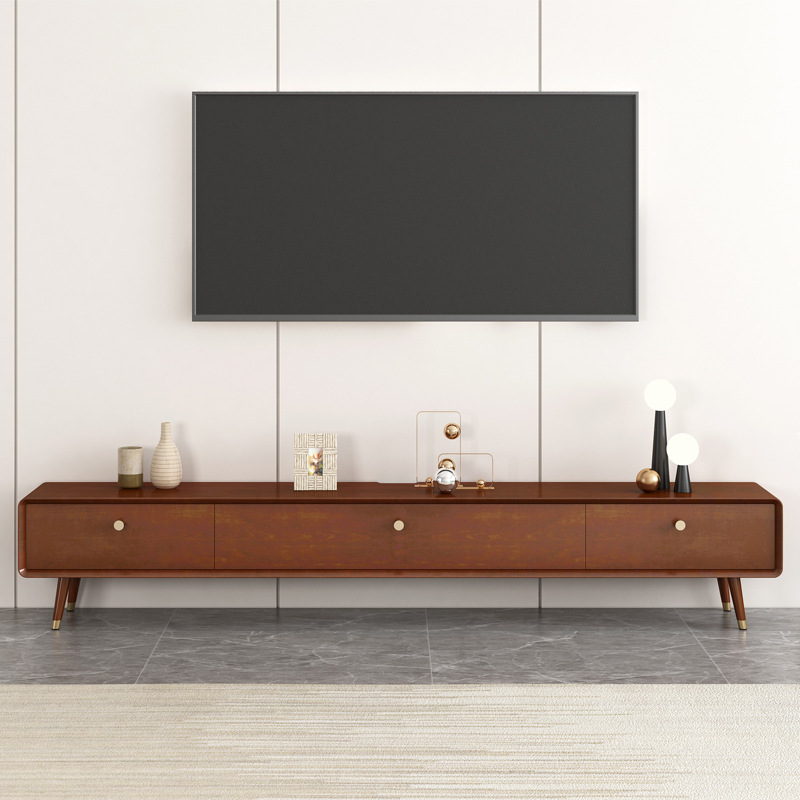 Deco Natural Wood Rectangle TV Stand with Legs, Cable Management and Cabinet